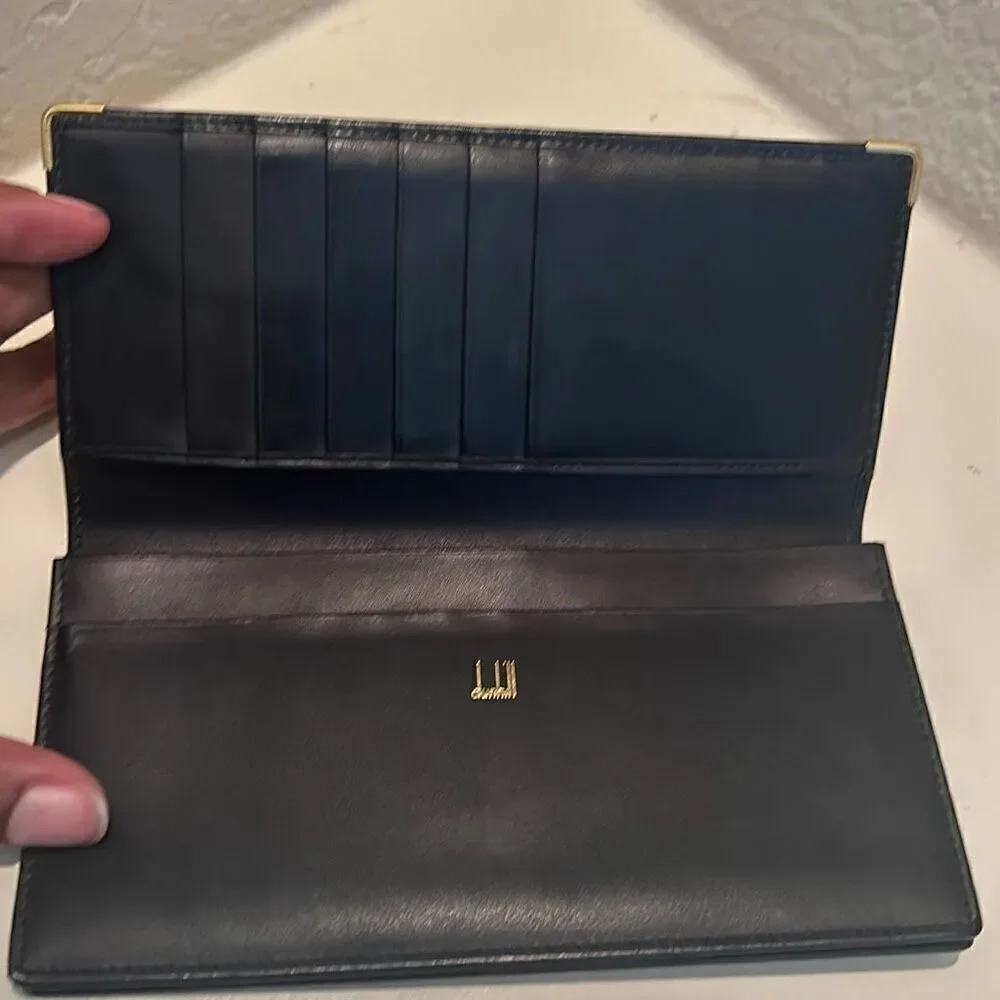 Dunhill Foldover Long Wallet Black Leather Checkbook Cardholder Travel Buisness